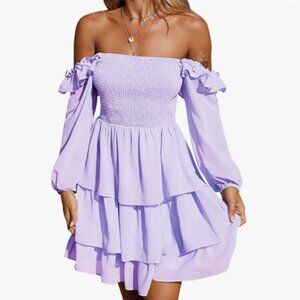 Byinns - Women's Smocked Ruffle Mini Dress Neck Long Sleeve Party Dress Cut